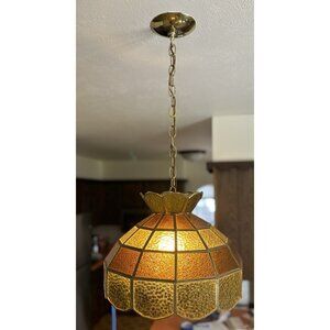 Vtg Tiffany Style-Amber Bubble Glass Ceiling Light Fixture 70’sRetro 16”